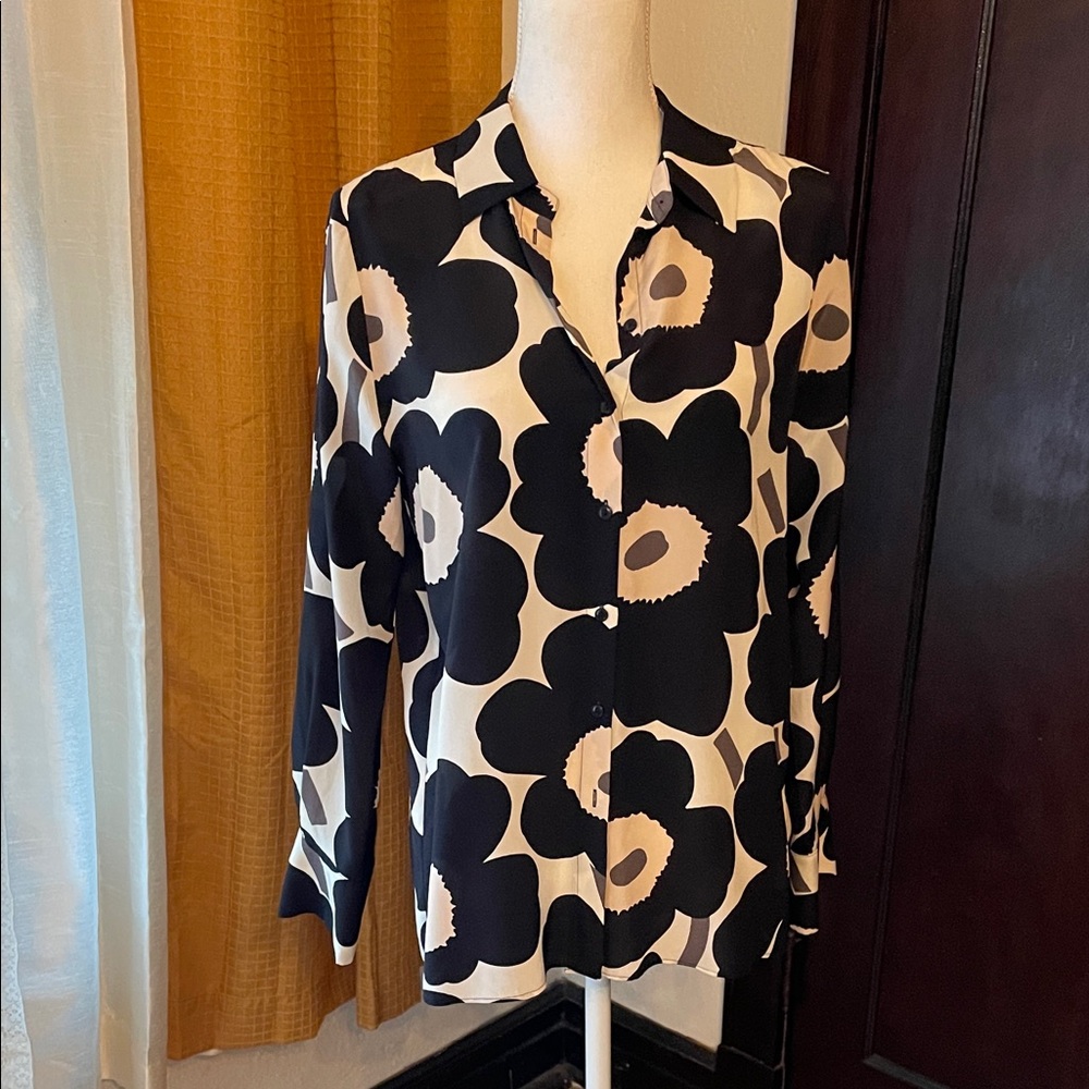Marimekko Silk Button down Blouse Size 36 Unikko Floral Print